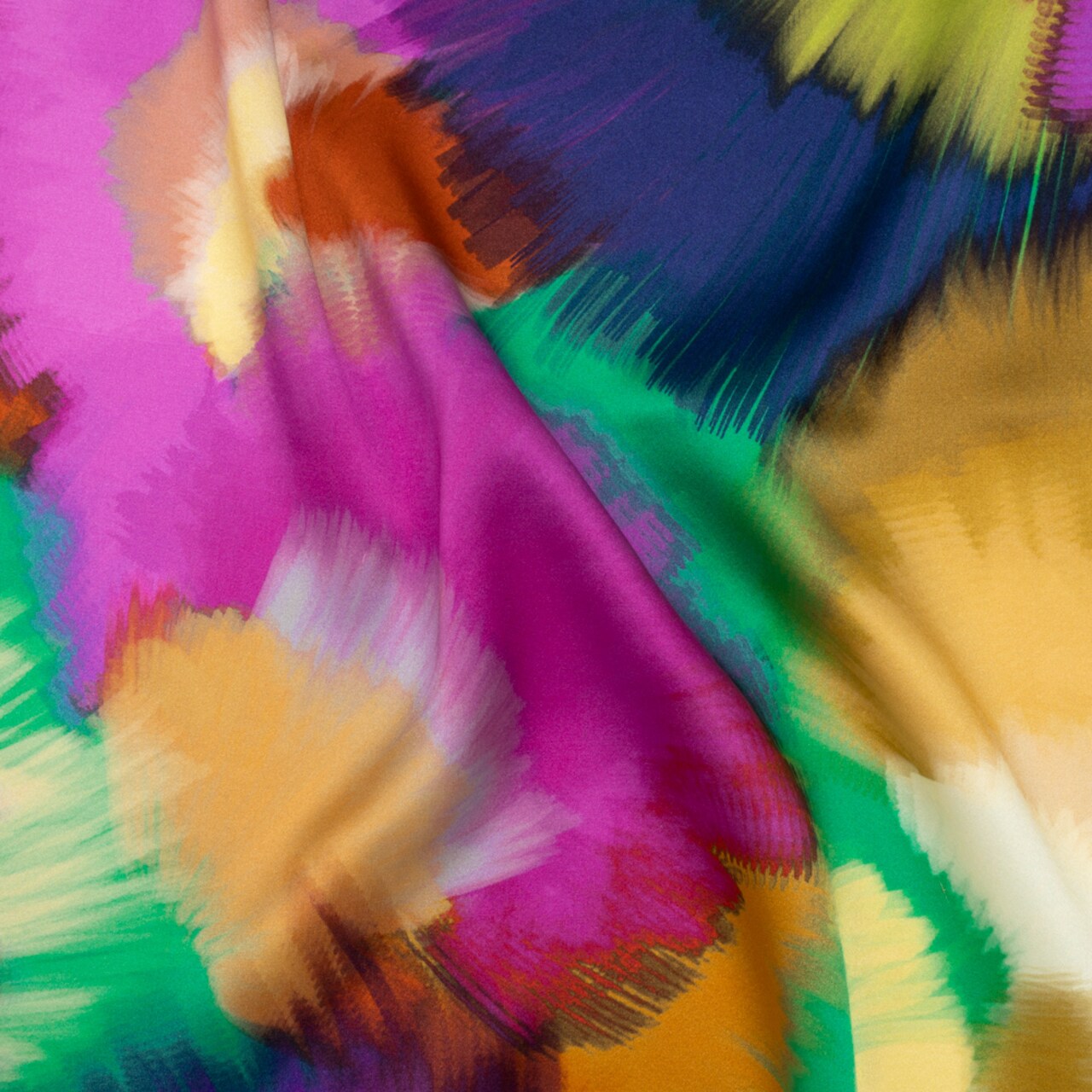 1 Yard Silk Charmeuse Print Fabric with Fuchsia Ochre and Blue Painted Bursts 53 Inch Width